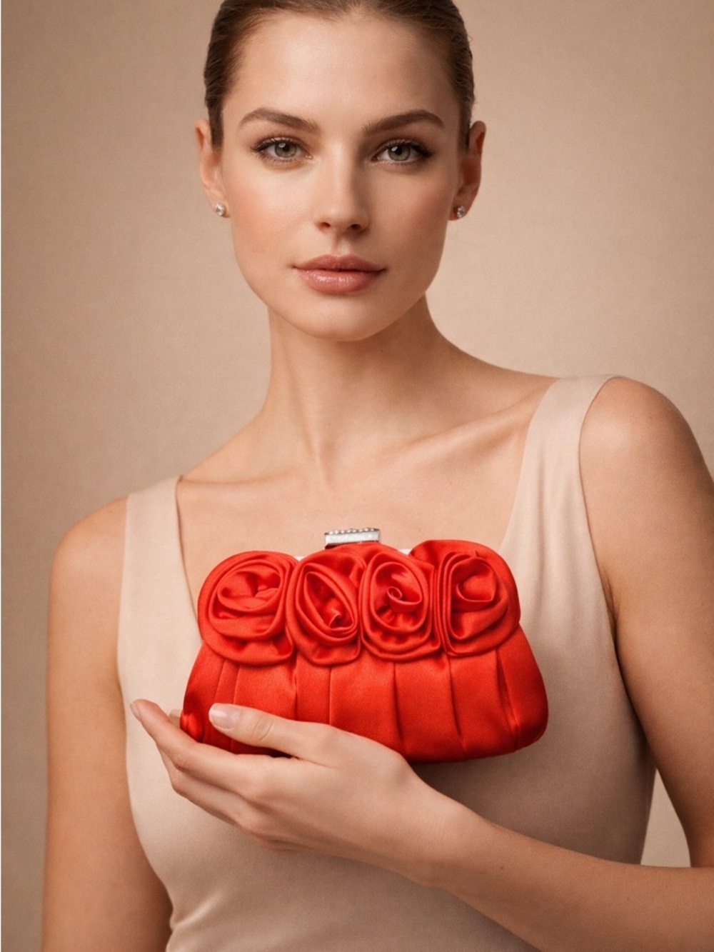 Elegant Red Satin Rose Clutch - Evening Bag